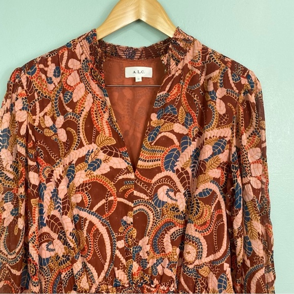 ALC Silvie Silk Mini Dress Ginger Combo Smocked Abstract Metallic Sz 12 - Picture 4 of 11